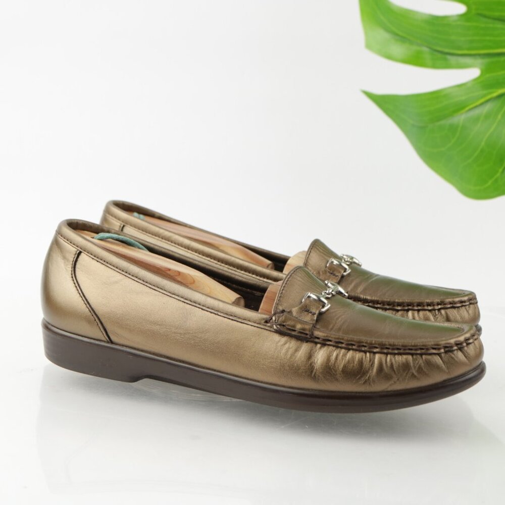 SAS Womens Metro Loafer Size 9 SLIM Bronze Gold Leather Bit Strap Flat Slip On